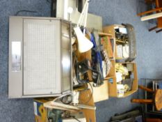 A MIXED QUANTITY OF ARCHITECTURAL METALWARE, steel storage boxes and electric bench tools with a