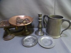 PEWTER including a good size two-handled tank and vintage scales ETC