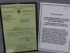 WWII EPHEMERA, a framed Nazi medical document