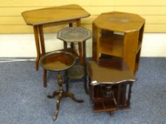 A SMALL REVOLVING MAHOGANY BOOK STAND and four various side tables, 70.5cms height the tallest