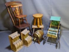 A PARCEL OF TREEN to include small doll's rocking chair, a pair of Gothic style book ends, a small