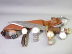 A COLLECTION OF GENT'S WRIST WATCHES and a modern hunting knife with stainless steel blade in a Jack