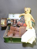 A VINTAGE METAL TRAVEL CASE along with a gent's vanity case, vintage Kodak camera, two leather