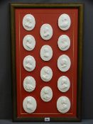 A FRAME OF FOURTEEN PORTRAIT ROUNDELS OF MAINLY MALE & FEMALE FIGURES, each roundel approximately