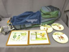 GOLFING ITEMS to include three Royal Doulton plates, two framed comical prints and a golf bag with