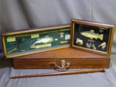 A VINTAGE WOODEN GUN CASE, mahogany walking stick, two boxed framed fishing pictures
