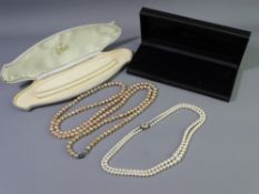 CASED TWIN ROW CULTURED PEARL NECKLACE OF GRADUATED BEADS with 9ct gold circular seed pearl centre