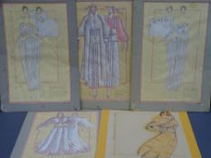 ANNE ANDERSON mixed media - five designer fashion sketches, mounted but unframed, 28 x 45cms
