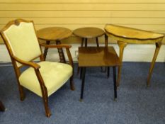 A PITCH PINE CRICKET TABLE, a half moon walnut hall table and two others with an upholstered