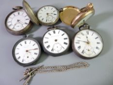 FIVE SILVER CASED AND ONE GOLD PLATED POCKET WATCHES with a white metal Albert chain, losses and/