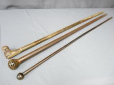 THREE WALKING CANES, one with carved hippo head, one neatly carved ETC