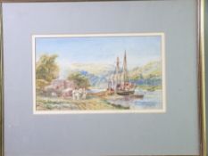 R GALLON watercolour - river scene in the countryside with masted boat and a horse and cart, signed,