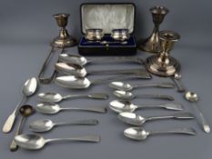 A PAIR OF SILVER CANDLESTICKS, one other, a cased silver condiment set along with similar silver