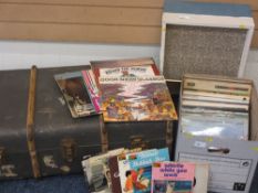 VINTAGE WOODEN BANDED TRUNK, quantity of vinyl LPs and 45s and a vintage gramophone speaker
