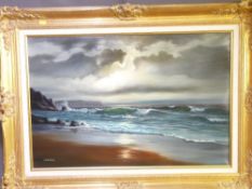 A BEARDSLEY oil on canvas - depicting scene of moonlit seascape, 50 x 75cms