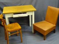 A VINTAGE RECTANGULAR TOP SINGLE DRAWER KITCHEN TABLE with chair and a vinyl covered side chair,