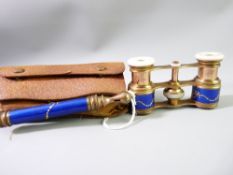 A CONTINENTAL PAIR OF FOLDING OPERA GLASSES, gilt metal with mother of pearl eye pieces, blue enamel