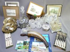 A BOX CONTAINING SHIPS DECANTER, other decorative glass including silver rimmed posy vases,