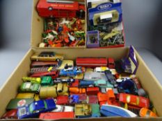A COLLECTION OF PLAY WORN DIECAST TOYS including Dinky, Corgi along with some lead and plastic toy