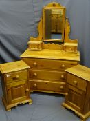A MODERN PINE THREE DRAWER CHEST with sit on top mirror and two opposing bedside cabinets, 68cms