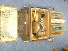 A SET OF FOUR EXCELLENT BRASS DOOR PULLS, four carved oak panels, a pair of heavy brass shelf