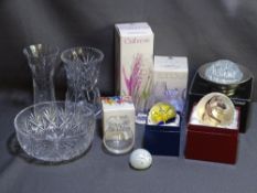 TWO CAITHNESS GLASS VASES, an Arthur Price glass posy bowl, a large paperweight 'Morpheus', boxed,
