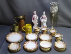 A ROYAL ALBERT PART TEA SET, a copper jug, large tankard, two continental figurines ETC