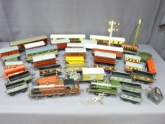 HORNBY O GAUGE TIN PLATE - fine collection of coaches, wagons, a clockwork engine, signals ETC