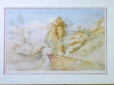 WATERCOLOUR - stone walled country lane leading to country cottage with four people visible,