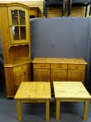 A MODERN PINE SIDEBOARD, pair of occasional tables and a glazed top corner display cabinet,