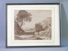 GRECIAN WILLIAMS sepia print - countryside scene with bridge over river, trees and scattered