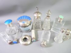 A COLLECTION OF ELEVEN VARIOUS SILVER MOUNTED DRESSING TABLE, SMELLING SALTS and perfumery
