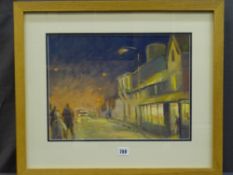 GARETH PARRY oil on panel - street scene at night with figures and cars, entitled verso 'Street at