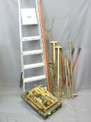 PARCEL OF LONG HANDLED GARDEN TOOLS, metal Abru step ladder and a quantity of vintage hand tools