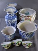 ORIENTAL PORCELAIN FISH BOWL, 26cms diameter, pair of blue and white vases, 32cms high and similar