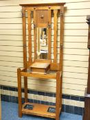 EXCELLENT 'ARTS & CRAFTS' STYLE POLISHED HALL STAND with drip trays and central bevelled wall