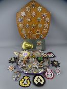 SHIELD MOUNTED & LOOSE COLLECTION OF FIRE SERVICE BADGES & EMBLEMS and a presentation desk weight