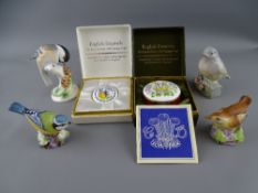 TWO BOXED ENGLISH ENAMEL PILL BOXES and four porcelain bird figurines, various makers