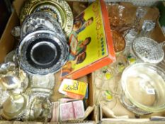 TWO BOXES OF EP & OTHER METALWARE, glassware, playing cards and a board game