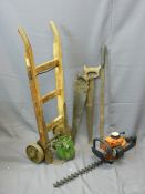 VINTAGE WOODEN SACK TRUCK by Slingsby-Trucks of Glasgow, two vintage hand saws, a Lake and Elliot