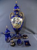 STAFFORDSHIRE COBALT BLUE TWIN HANDLED URN SHAPED VASE and a parcel of similarly decorated cabinet
