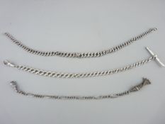 THREE SILVER FOB WATCH CHAINS, a 10.5ins example with T bar and clip an 11.5ins with graduated links
