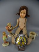VINTAGE CLOTH BODY DOLL WITH HAND PAINTED FACIAL DETAIL, two Hummel figurines, a child's mug and a