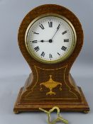 EDWARDIAN INLAID MAHOGANY BALLOON SHAPE MANTEL CLOCK WITH KEY
