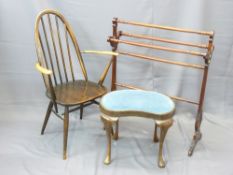 MAHOGANY TOWEL AIRER, small upholstered kidney shaped stool and a single ercol stick back arm chair