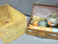 VINTAGE LEATHER CASE containing oil lamps, parts and consumables with a timber packing case for