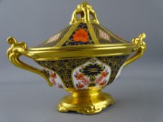 ROYAL CROWN DERBY, an oval lidded twin handled tureen on a shallow pedestal, numbered to the base '