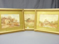 A COLEMAN - three watercolour studies of riverside houses, one having a figure in a boat with castle