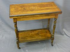ROSEWOOD TWO-TIER FOLD-OVER CARD TABLE with baize top and inlay, on castors, 75cms height, 77cms