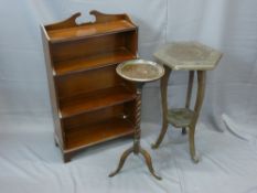 MAHOGANY WATERFALL FOUR SHELF BOOKCASE, barley twist planter stand and an octagonal carved top